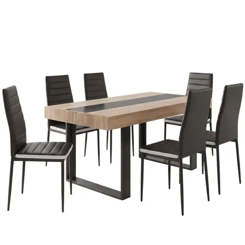 Ensemble Table à Manger Rectangle Phoenix Bois Et Noir Bande Centrale Noire 160 Cm Et 6 Chaises Roma