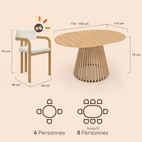 Ensemble Table À Manger Extensible Ronde Carmen 4-8 Personnes Pied Lattes 110 - 150 Cm Et 4 Chaises