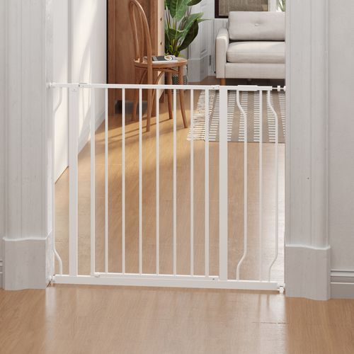Barrière De Sécurité Animaux Réglable Avec Porte Acier Blanc