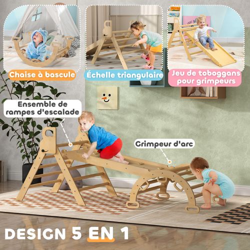 Ensemble D'escalade En Bois 5 En 1 - Triangle Pikler, Arche, Bascule, Toboggan, Rampe