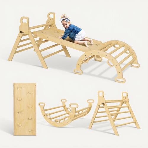 Ensemble D'escalade En Bois 5 En 1 - Triangle Pikler, Arche, Bascule, Toboggan, Rampe