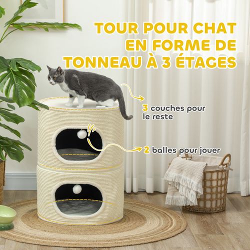 Tour Pour Chat Modulable Zippée 3 Parties 2 Pompons Crème