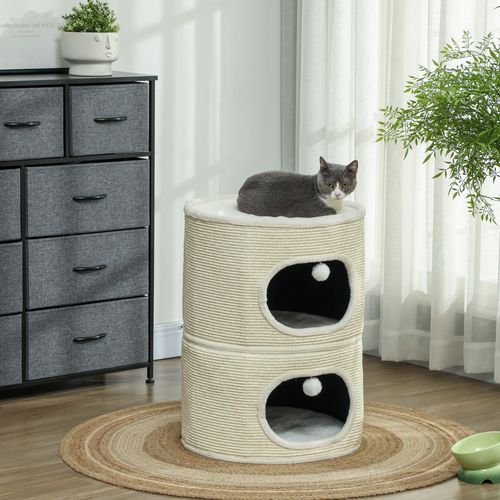 Tour Pour Chat Modulable Zippée 3 Parties 2 Pompons Crème