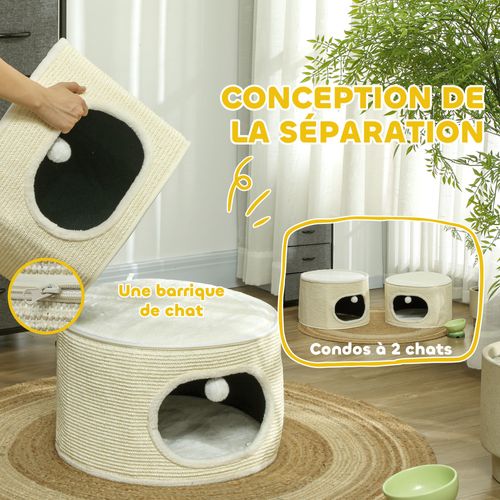 Tour Pour Chat Modulable Zippée 3 Parties 2 Pompons Crème