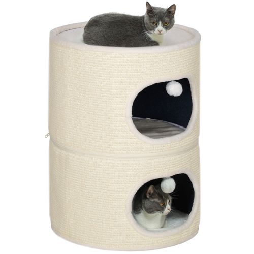 Tour Pour Chat Modulable Zippée 3 Parties 2 Pompons Crème