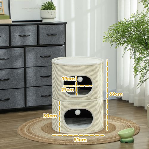 Tour Pour Chat Modulable Zippée 3 Parties 2 Pompons Crème