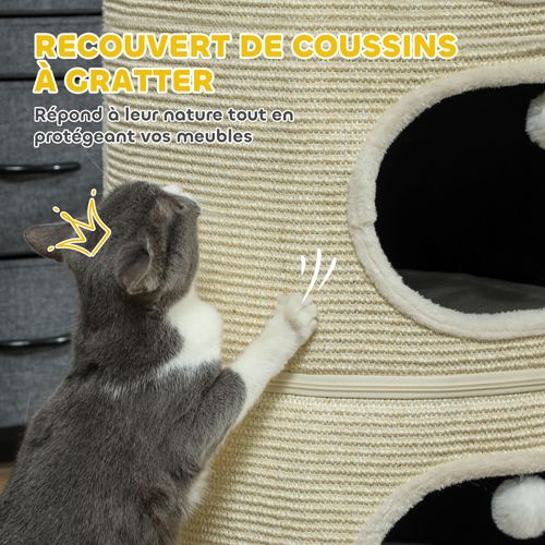 Tour Pour Chat Modulable Zippée 3 Parties 2 Pompons Crème