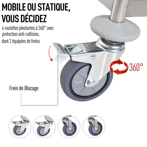 Chariot De Service Desserte De Cuisine à Roulettes 2 Étagères Acier Inox Chromé