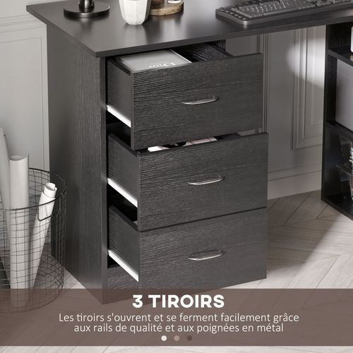 Bureau Informatique 3 Tiroirs 2 étagères Aspect Bois Noir