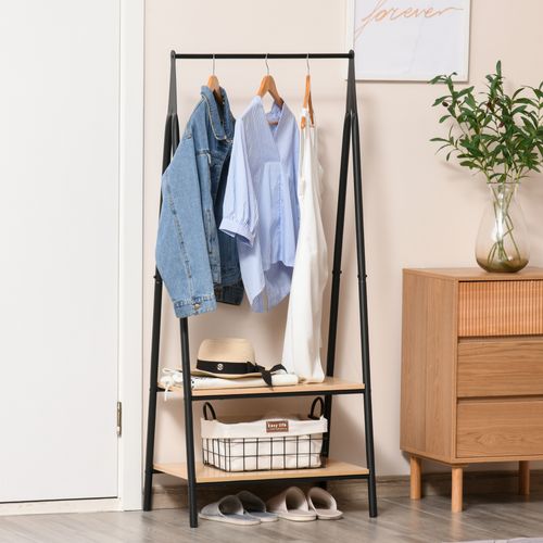 Portant à Vêtements 2 étagères Bois Clair Acier Noir