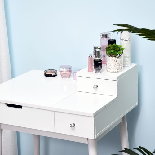 Coiffeuse Avec Tabouret Miroir Rabattable Coffre + 2 Tiroirs Blanc