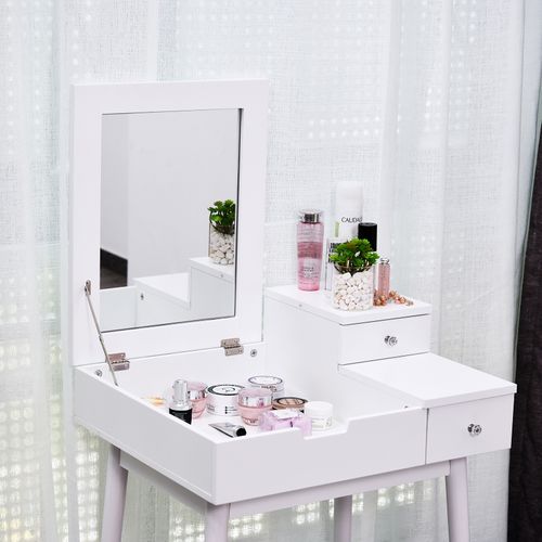 Coiffeuse Avec Tabouret Miroir Rabattable Coffre + 2 Tiroirs Blanc