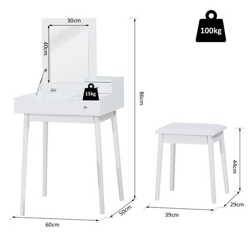 Coiffeuse Avec Tabouret Miroir Rabattable Coffre + 2 Tiroirs Blanc