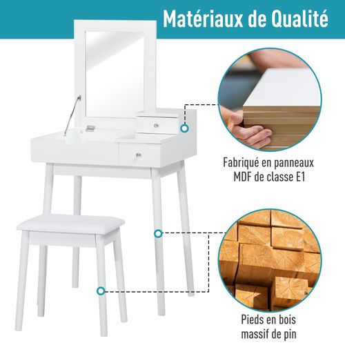 Coiffeuse Avec Tabouret Miroir Rabattable Coffre + 2 Tiroirs Blanc