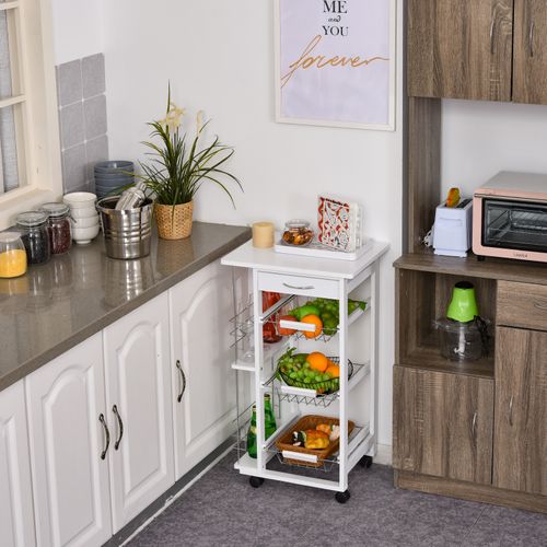 Desserte De Cuisine À Roulettes  3 Paniers Métal Tiroir + 2 Range-bouteilles Bois Pin Blanc