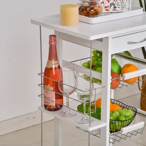 Desserte De Cuisine À Roulettes  3 Paniers Métal Tiroir + 2 Range-bouteilles Bois Pin Blanc