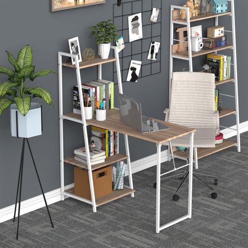 Bureau Bibliothèque 2 En 1 - Bureau Pliable Rabattable Chêne Clair Métal Blanc