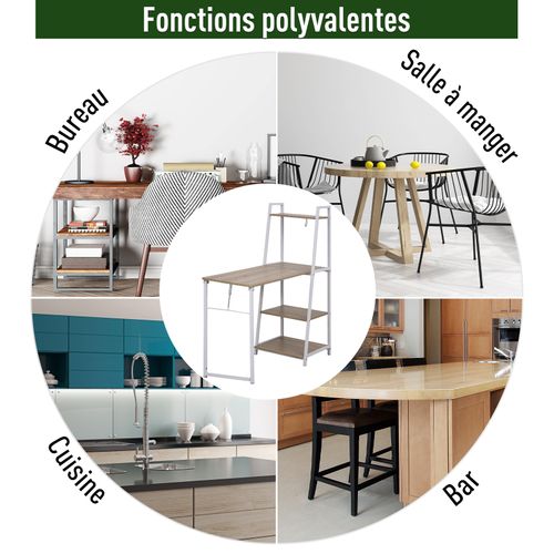 Bureau Bibliothèque 2 En 1 - Bureau Pliable Rabattable Chêne Clair Métal Blanc