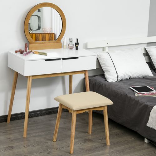 Coiffeuse Design Scandinave Miroir, 2 Tiroirs Et Tabouret Blanc Pin Clair
