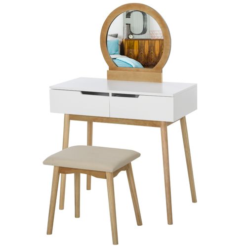 Coiffeuse Design Scandinave Miroir, 2 Tiroirs Et Tabouret Blanc Pin Clair