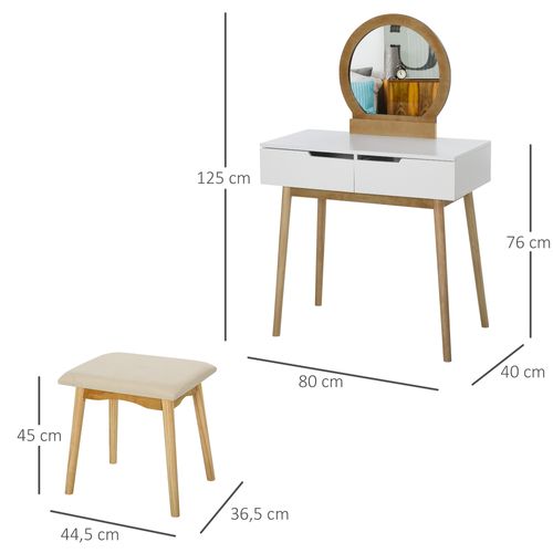 Coiffeuse Design Scandinave Miroir, 2 Tiroirs Et Tabouret Blanc Pin Clair