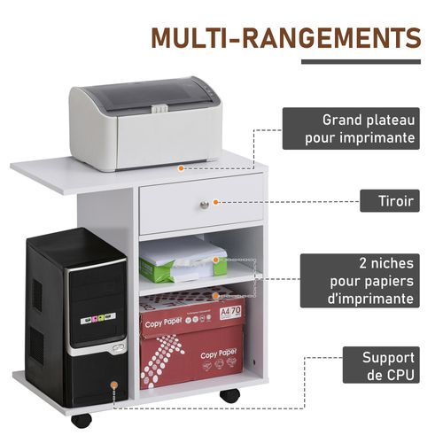 Support D'imprimante Organiseur Bureau 2 Niches Tiroir Espace Cpu + Grand Plateau