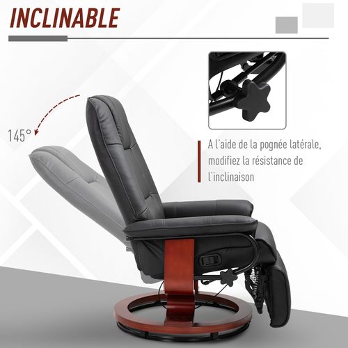 Fauteuil Relax Inclinable avec Repose-pieds Réglable Pu et Bois Massif - Noir