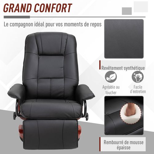 Fauteuil Relax Inclinable avec Repose-pieds Réglable Pu et Bois Massif - Noir