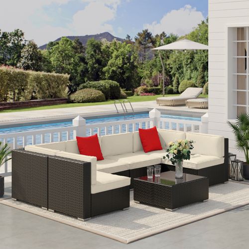 Salon De Jardin 7 Pièces Modulables Résine Tressée Brun Foncé
