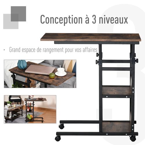 Table De Lit Roulante Hauteur Réglable 2 Étagères Intégrées