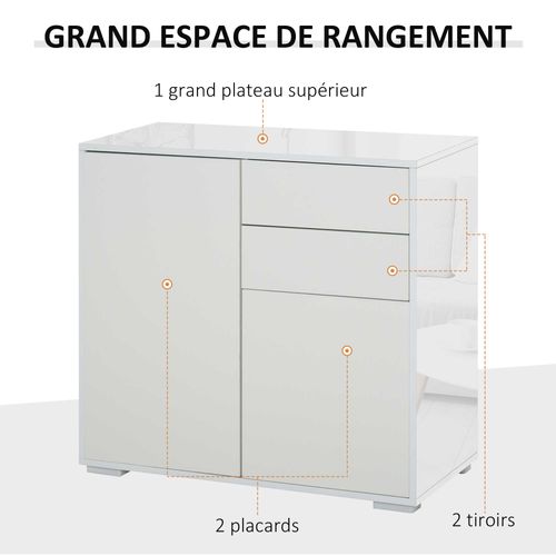 Commode Buffet 2 Tiroirs 2 Portes 79 X 36 X 74 Cm Blanc