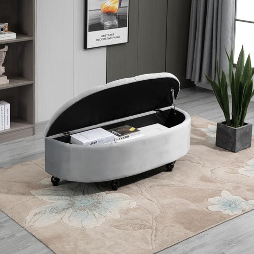 Pouf De Rangement Coffre Classique Capitonné Demi-cercle Velours
