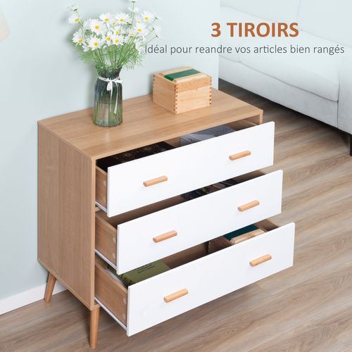 Commode Scandinave Sur Pieds 3 Tiroirs Blanc Aspect Bois Clair