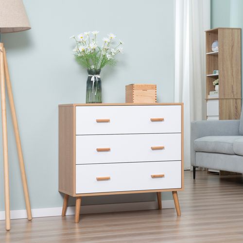 Commode Scandinave Sur Pieds 3 Tiroirs Blanc Aspect Bois Clair