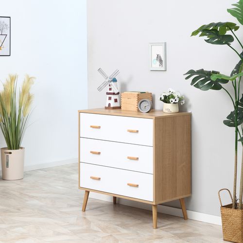 Commode Scandinave Sur Pieds 3 Tiroirs Blanc Aspect Bois Clair