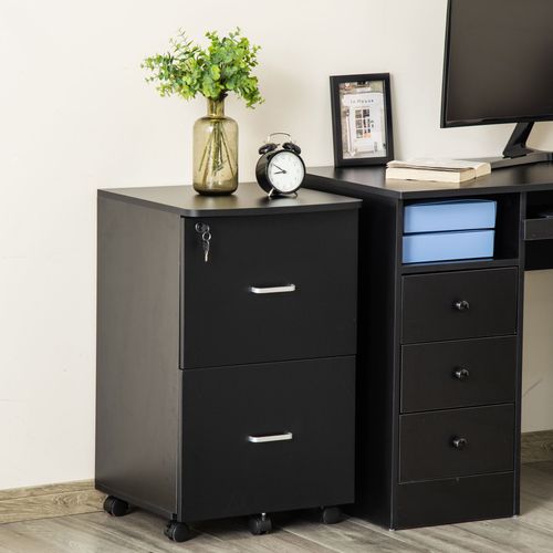 Caisson De Bureau Avec 2 Tiroirs Verrouillables Et Roulettes - Meuble Rangement Bois, 43x45x72 Cm, Noir, Charge 15kg