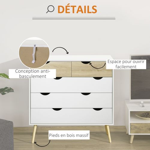 Commode 5 Tiroirs Design Scandinave Blanc Aspect Chêne Clair