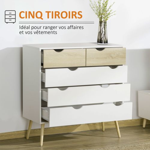 Commode 5 Tiroirs Design Scandinave Blanc Aspect Chêne Clair