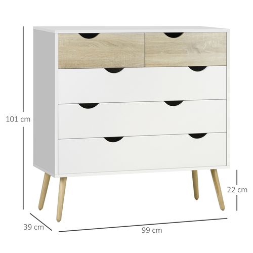 Commode 5 Tiroirs Design Scandinave Blanc Aspect Chêne Clair