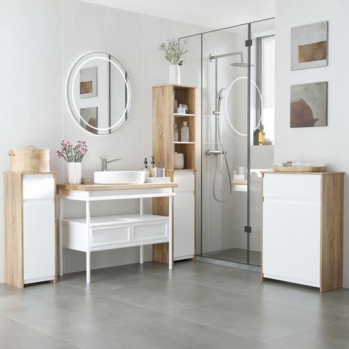 Meuble Colonne Rangement Salle De Bain 3 Niches Tiroir Placard Blanc Aspect Chêne Clair