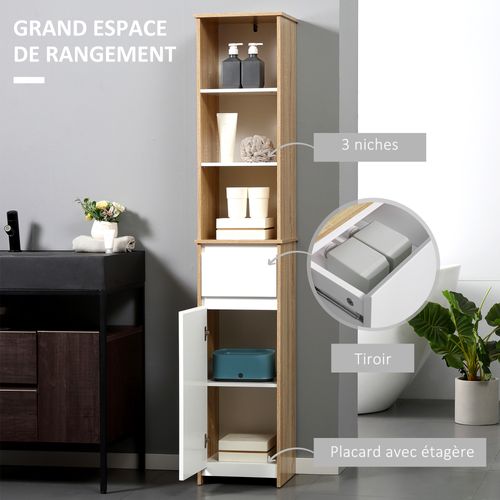 Meuble Colonne Rangement Salle De Bain 3 Niches Tiroir Placard Blanc Aspect Chêne Clair