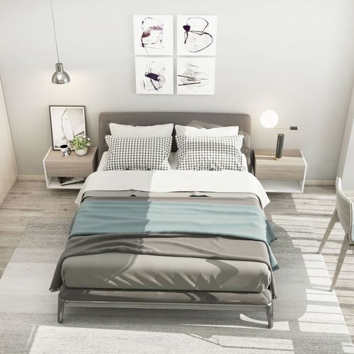 Lot De 2 Chevets Muraux - Tiroir Coulissant, Étagère, Plateau - Blanc Aspect Chêne Clair