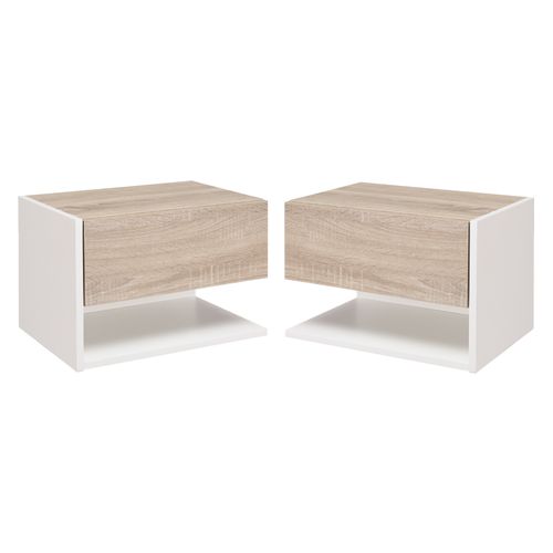 Lot De 2 Chevets Muraux - Tiroir Coulissant, Étagère, Plateau - Blanc Aspect Chêne Clair