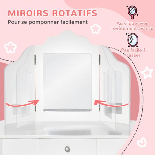 HOMCOM Coiffeuse Enfant Avec Tabouret Et Miroir Triptyque - Blanc 63x40x85.5 Cm