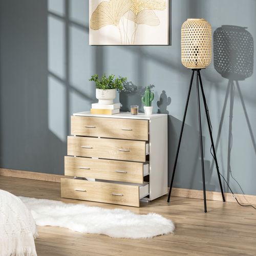 Commode De Rangement 4 Tiroirs 76 X 35 X 72 Cm Blanc Et Couleur Bois