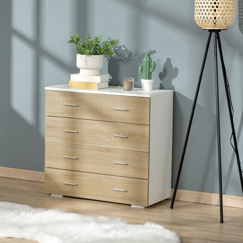 Commode De Rangement 4 Tiroirs 76 X 35 X 72 Cm Blanc Et Couleur Bois