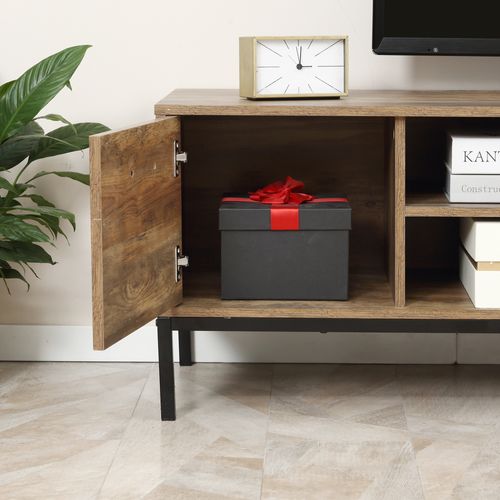 Meuble TV Banc TV Industriel Acier Noir Aspect Bois