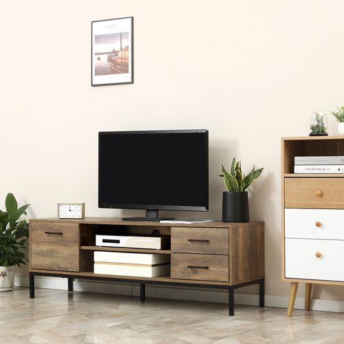 Meuble TV Banc TV Industriel Acier Noir Aspect Bois