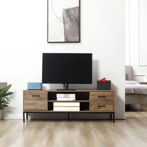 Meuble TV Banc TV Industriel Acier Noir Aspect Bois