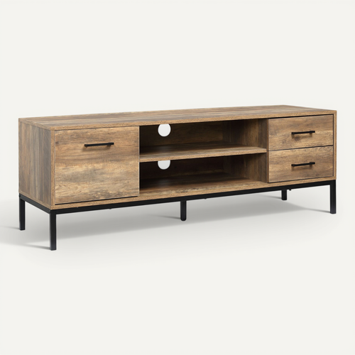 Meuble TV Banc TV Industriel Acier Noir Aspect Bois